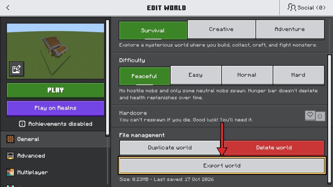 Export world button in the Edit World screen of Minecraft